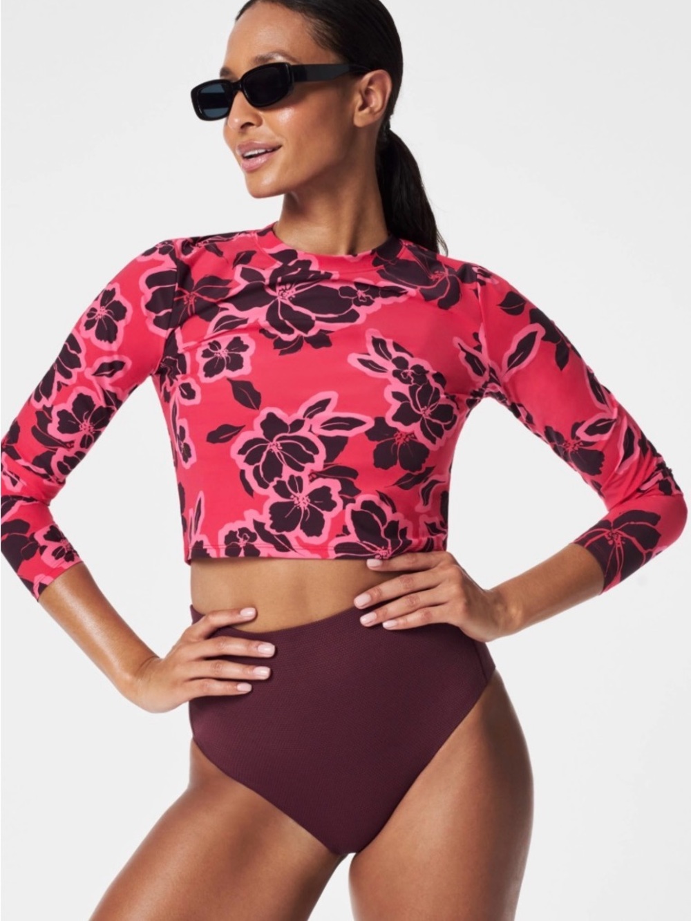 SPANX Pink & Plum Floral Long-Sleeve Swim Top AND Bikini Bottoms